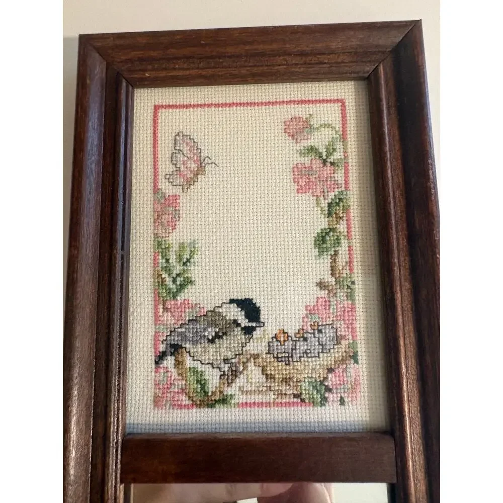 Vintage Wooden Mirror with Bird Cross Stitch